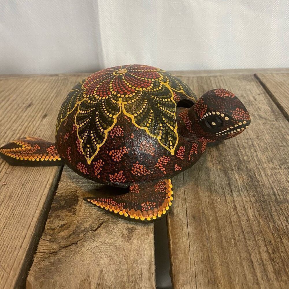 Hand-Painted Bobblehead Turtle Figurine Folk Art Dot Painted Decor Shelf Accent